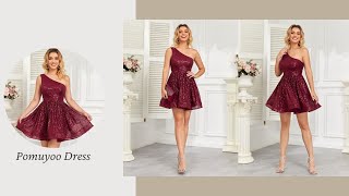 POMUYOO  Burgundy One Shoulder A Line Sequins Short Homecoming Dress dress [upl. by Naols]