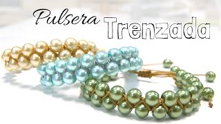 Como hacer una Pulsera Trenzada con perlas redonda  Tutorial DIY Completo [upl. by Llenol258]