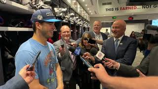 Cole Sillinger speaks following a 61 Columbus victory against Edmonton [upl. by Atnauqal372]