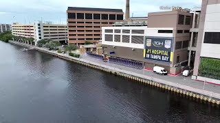 DRONE FOOTAGE AquaFence Around Tampa General Hospital in Preparation of Milton [upl. by Henke]