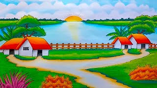 How to draw easy scenery drawing beautiful landscape village  Sunrise drawing  Village drawing [upl. by Corydon]