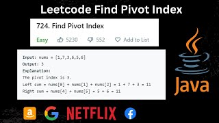 Find Pivot Index Leetcode 724 Solution in Java  Leetcode  724  Problem Solving  Pivot Index [upl. by Paff]