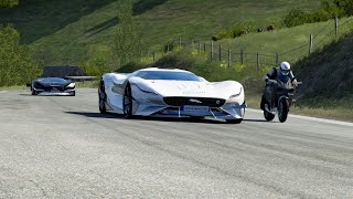 Kawasaki Ninja H2R Supercharged vs MercedesBenz AMG Vision GT vs Jaguar Vision GT SV at Old SPA [upl. by Adirahs581]