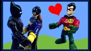 Imaginext Robin Likes Batgirl but she is Dating Batman Beyond Toy Video [upl. by Ayrb]