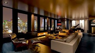 HD Penthouse Apartment Fireplace ScreensaverCity Lights at Night ModernFire crackling [upl. by Darryn691]