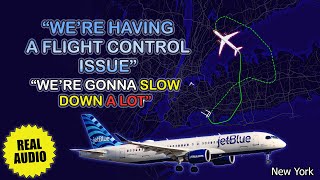 Flight control problem during climb JetBlue Airbus A220 returns to New York Kennedy Real ATC [upl. by Anerhs591]