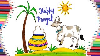 Pongal Festival Drawing With Colour  Pongal Drawing Easy  Pongal Pot Drawing  Pongal Drawing [upl. by Leake]