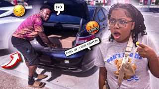 SAGGING MY PANTS IN PUBLIC PRANK ON GF GETS HEATED 😱viral [upl. by Cela]