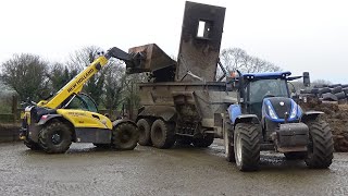 Emptying the Slurry Lagoon with New Holland Telehandler amp THREE New Hollands amp spreaders on slopes [upl. by Halladba]