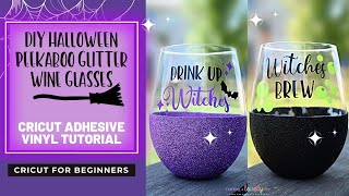 HALLOWEEN PEEKABOO GLITTER WINE GLASSES WITH CRICUT  CRICUT ADHESIVE VINYL TUTORIAL [upl. by Koralle642]