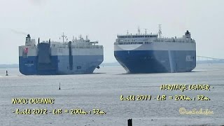 car carrier NOCC OCEANIC V7YQ4 with 2 tugs meets HERITAGE LEADER C6YP2 in Emden Germany [upl. by Neerom110]