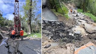 Crews install inclinometer in neighborhood isolated by massive landslide in Santa Cruz mountains [upl. by Atteuqaj]