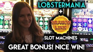 Awesome BONUSES Dragon Link and Lobstermania Slot Machines [upl. by Nosyarg]