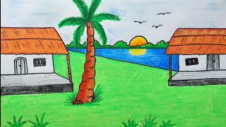 How to draw Riverside village scenery  natural scenery drawing  prakritik drishya drawing art [upl. by Kling]