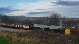 Diesels haul the return leg of The Edinburgh Christmas Market out of Tweedmouth Yard [upl. by Lovell]