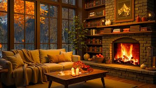 Cozy Cabin Ambience in a Autumn Rainy Night 🌧️ Relaxing Fireplace Sounds with Jazz Music to Study [upl. by Mello]