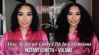 SEAMLESS CURLY CLIP IN EXTENSIONS INSTALL TUTORIAL ♡ HOW TO BLEND CLIP IN HAIR EXTENSIONS ft Unice [upl. by Carrnan]