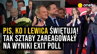 Kaczyński Tusk i Hołownia świętują Tak partie reagują na wyniki exit poll [upl. by Inilahs]