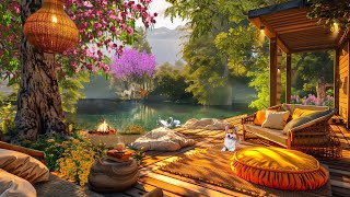 Spring Cabin Porch with Lakeshore Chill Ambience  Campfire amp Peaceful natural environmental sounds [upl. by Donni]