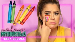 Using CRAYONS as Concealer  Makeup Mythbusters w Tessa Brooks [upl. by Sumedocin818]