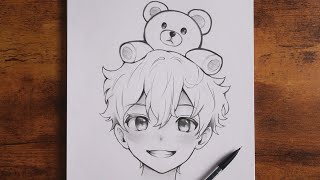 How to Draw Anime boy  Easy Tutorial Drawing step by step with Teddy Bear  Anime Sketch [upl. by Ahsinahs233]