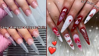 LONG ALMOND POLYGEL NAILS❤️ 3D NAIL ART amp EASY POLYGEL APPLICATION  Nail Tutorial [upl. by Sibel]