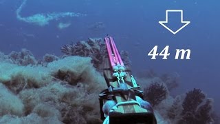 EXTREME 44m DEEP Spearfishing  The ambush to Big 7 kg Dentex Pesca Apnea Profonda Chasse [upl. by Mraz836]