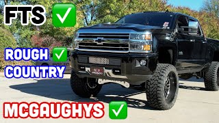 BEST lift kit for a LIFTED CHEVY FTS vs Mcgaughys vs Rough Country [upl. by Ael704]