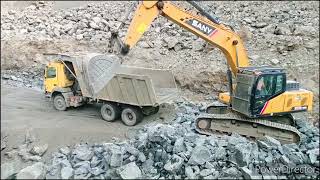 SANY SY 225 Excavator loding depar and BharatBenz loading treck amazing video quarry works milan [upl. by Sofer]