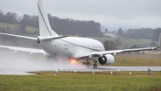 Boeing 73779T BBJ  Rainy Take Off amp Jet Blast at Airport BernBelp [upl. by Etnaik967]