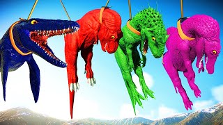 Mosasaurus vs TRex Color vs Spinosaurus vs Spiderman IRex Dinosaurs Battle Mix JWE 2 Dino Battle [upl. by Ainitsirc631]