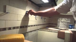 Limestone tile backsplash Complete real time installation [upl. by Einotna]