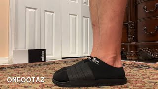 Adidas Adilette Cloudfoam Slides Triple Black On Foot [upl. by Ayeka]