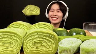 SO ASMR matcha green chocolate crepe cake ice cream jelly biscuit Mukbang bites only [upl. by Clevey]