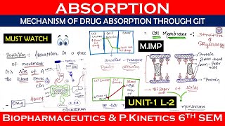 Absorption  Mechanism of Drug Absorption through GIT  Biopharmaceutics  U1L2  B pharm 6th sem [upl. by Chadabe721]