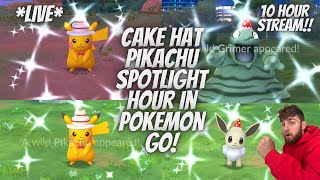 ✨Cake Hat Pikachu Spotlight Hour In Pokemon Go amp 10 Hours of Shiny Costume Pokemon Hunting✨ [upl. by Nanreik]