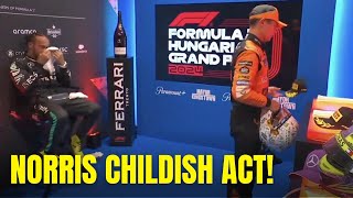 Lando Norris acting childish to Lewis Hamilton and throwing P2 cap during cooldown room [upl. by Atilehs358]