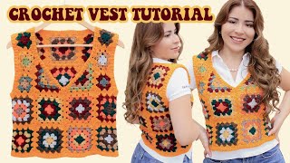 Easy Crochet Granny Square Vest Tutorial [upl. by Eiddam]