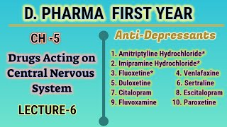 AntidepressantsDrugs acting on CNSCH5L6Pharmaceutical chemistryDPharmFirst year [upl. by Almire10]