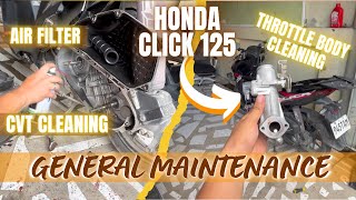 HONDA CLICK 125  GENERAL MAINTENANCE DIY  CVT CLEANING  THROTTLE BODY CLEANING  FEUL FILTER [upl. by Dnaltiac]