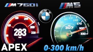 2018 BMW M5 vs BMW M760Li  Acceleration Sound 0100 0300 kmh  APEX [upl. by Maia]