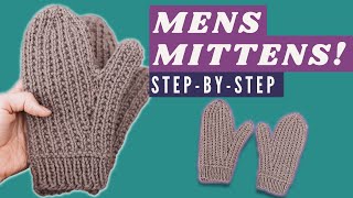 Step by Step Mens Mittens Knitting Pattern  Easy Mittens Knit in the Round Tutorial [upl. by Ramo]