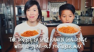 Christine Ha tries the 2X spicy ramen challenge with 12yearold YouTuber Max [upl. by Akcirehs]