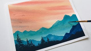 watercolor painting landscape mountains for beginners  watercolor art easy landscape tutorial [upl. by Kcirdle]