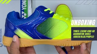 Unboxing Yonex Legend King 68 Badminton Shoes GreenBluePurple  Yonex NonMarking Shoes  Review [upl. by Moonier]