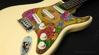 Stratocaster Pickguard Engraved Hand Painted Wood Goldie [upl. by Yraht]