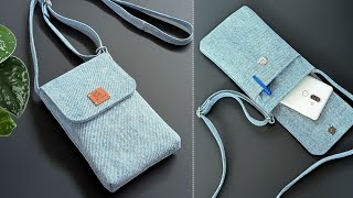 DIY Mini Denim No Zipper Phone Crossbody Bag Out of Old Jeans  Bag Tutorial  Upcycled Craft [upl. by Cioban655]