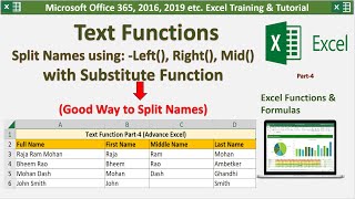 Split First Name Middle Name Last Name with the help of Excel function and formula excelfunction [upl. by Narra]