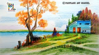 Scenery Drawing For Beginners with Color Pencils  Landscape Drawing [upl. by Ennaer873]