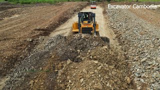 Heavy Caterpillar D6R2 Bulldozer Pushing Gravel For Building Foundation Of Road amp Truck Unloading [upl. by Berwick]